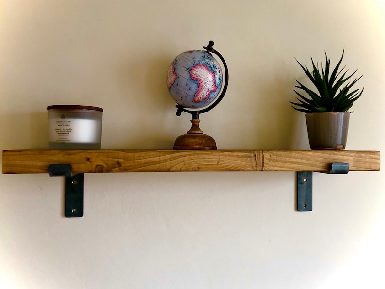 Rustic Handmade Wooden Shelving, Scaffold Board Shelf with Metal Brackets, Hand Finished Timber Shelves image 2