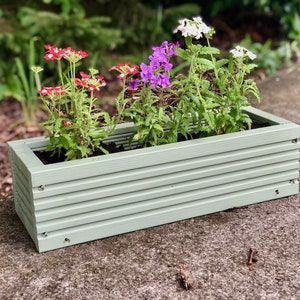 May include: A light green wooden planter box with a raised edge and a slatted design. The planter is filled with soil and has several flowering plants with purple, white, and red flowers.