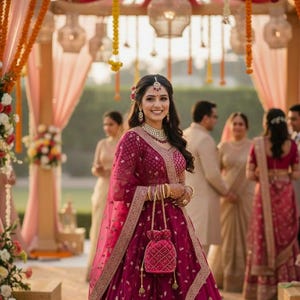 Luksusowa aksamitna torebka potli z koralikami | Ręcznie robiona indyjska kopertówka ślubna | Torebka ze ściągaczem z koralików