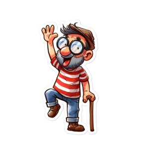フレンドリーに手を振るおじいちゃんステッカー - ストライプシャツと杖のデカール - 元気なおじいちゃん - こんにちはおじいちゃん - 幸せなおじいちゃんのデカール
