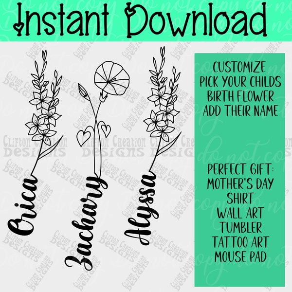 Custom Name Design 4, Tattoo Design Custom, Mother's Day Birth Flower PNG, Birth Flower Name, Custom PNG Design, Floral Name