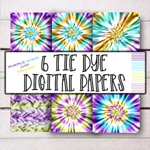 Tie Dye Digital Paper: Purple Teal Yellow Backgrounds (Digital Download)