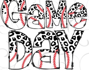 May include: Black and white leopard print text that reads "Game Day" with red baseball stitching.