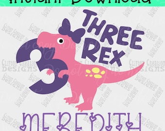 Girl Three Rex PNG: 3rd Birthday Dinosaur Design (Digital Download)