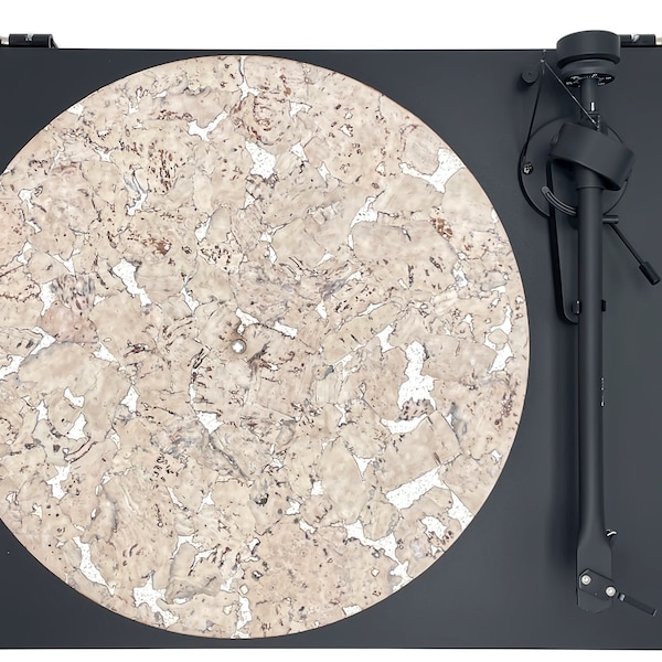 “Sao Paio” Portuguese Cork platter cover for vinyl turntable, acoustic insulating, antistatic, bleached gray bark on white background