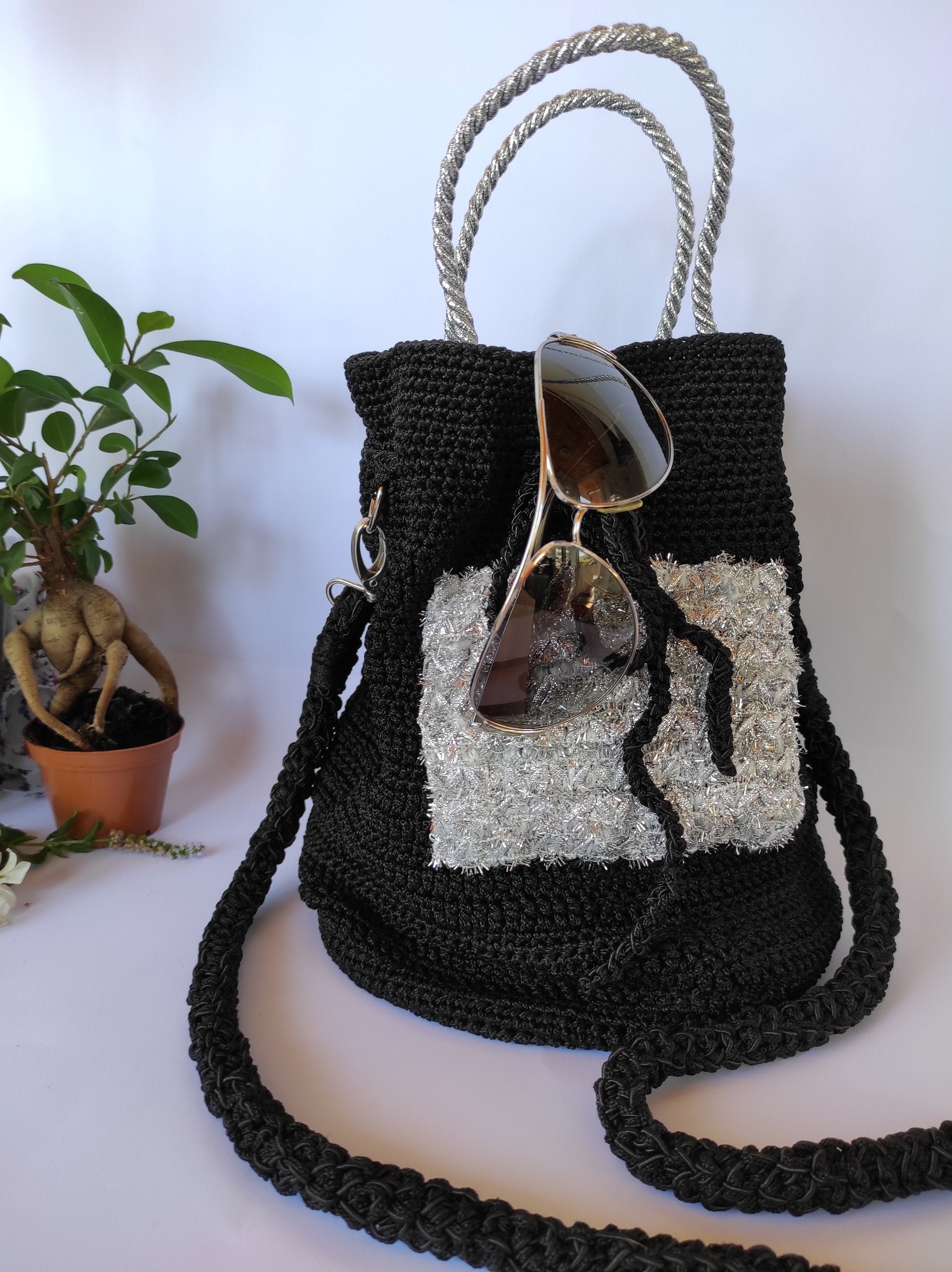Handmade Crochet Bag / Tote Bag / Crossbody Black & Silver Etsy