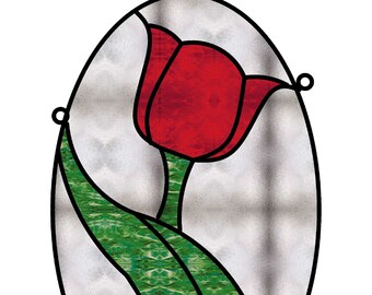 Vintage Stained Glass Pattern of a Tulip Oval Panel