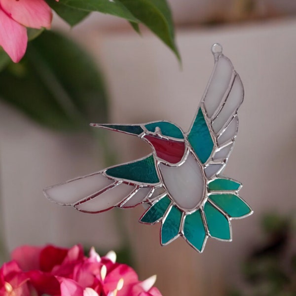 Teal and White Iridescent Hummingbird Stained Glass Window Art