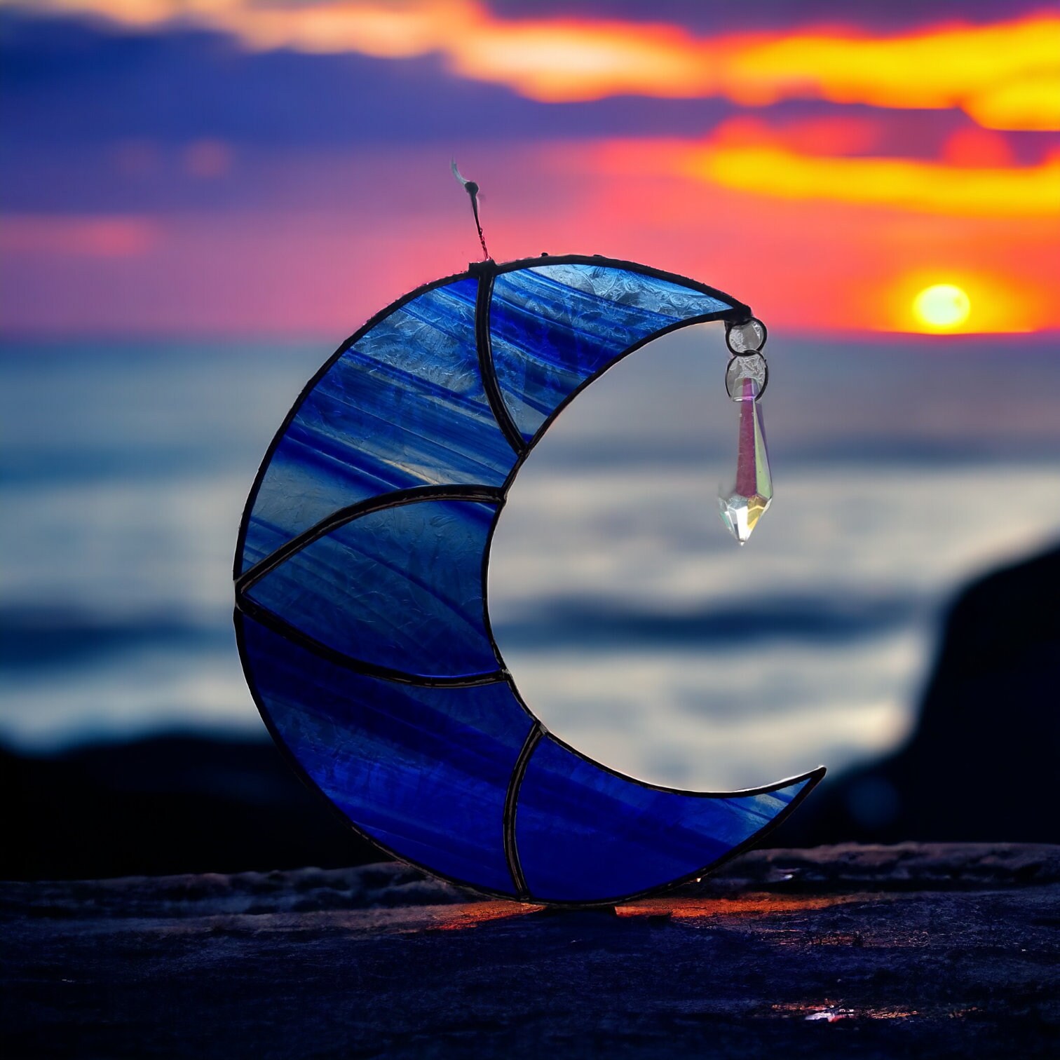 Blue Baroque Crescent Moon with Clear Iridized Crystal