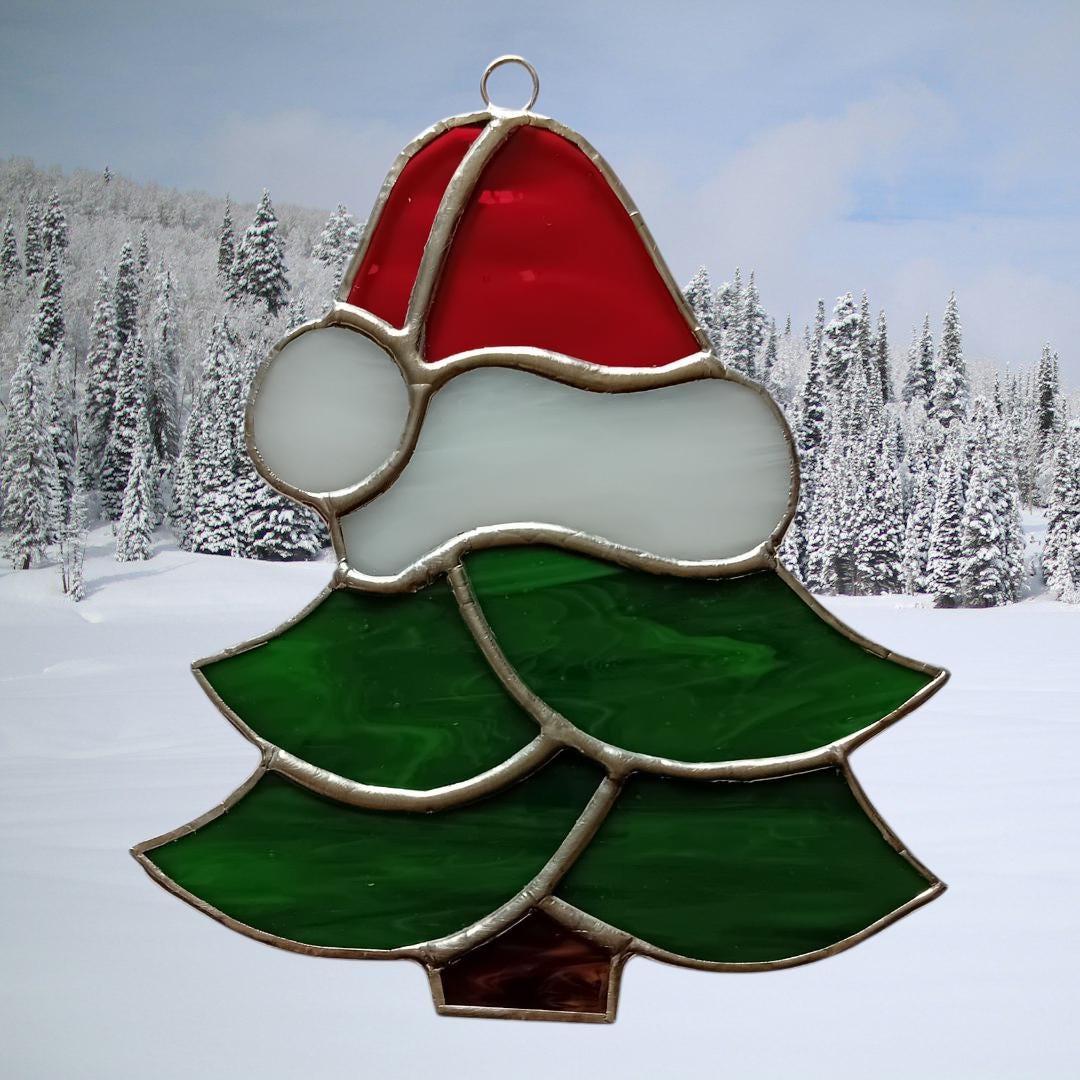 Stained Glass Christmas Tree Suncatcher – Santa Hat Holiday Decor - Etsy