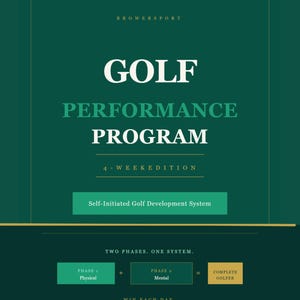 May include: A dark green graphic with the text "GOLF PERFORMANCE PROGRAM" in white and green. The graphic also includes the text "4-WEEK EDITION" and "Self-Initiated Golf Development System". The bottom of the graphic reads "TWO PHASES. ONE SYSTEM."