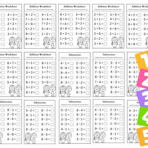 Op de afbeelding: Een printbaar werkblad voor kinderen om optellen en aftrekken te oefenen. Het werkblad bevat kleurrijke cijfers van 1 tot en met 5 en zwart-wit illustraties van kinderen.