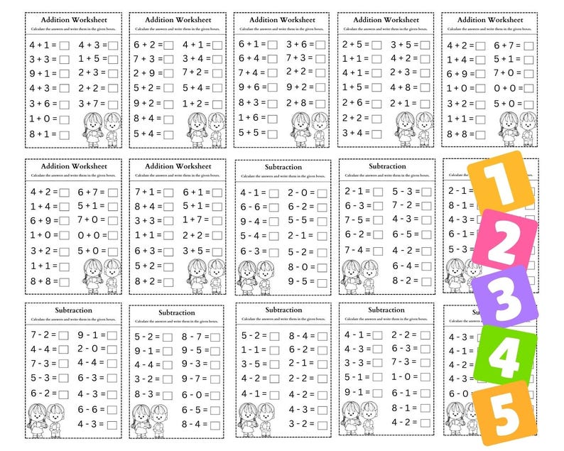 Op de afbeelding: Een printbaar werkblad voor kinderen om optellen en aftrekken te oefenen. Het werkblad bevat kleurrijke cijfers van 1 tot en met 5 en zwart-wit illustraties van kinderen.