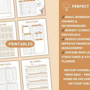 May include: Printable budget planner pages with a brown and white colour scheme. The pages include sections for sinking funds, monthly budget, bill tracker, and savings tracker.