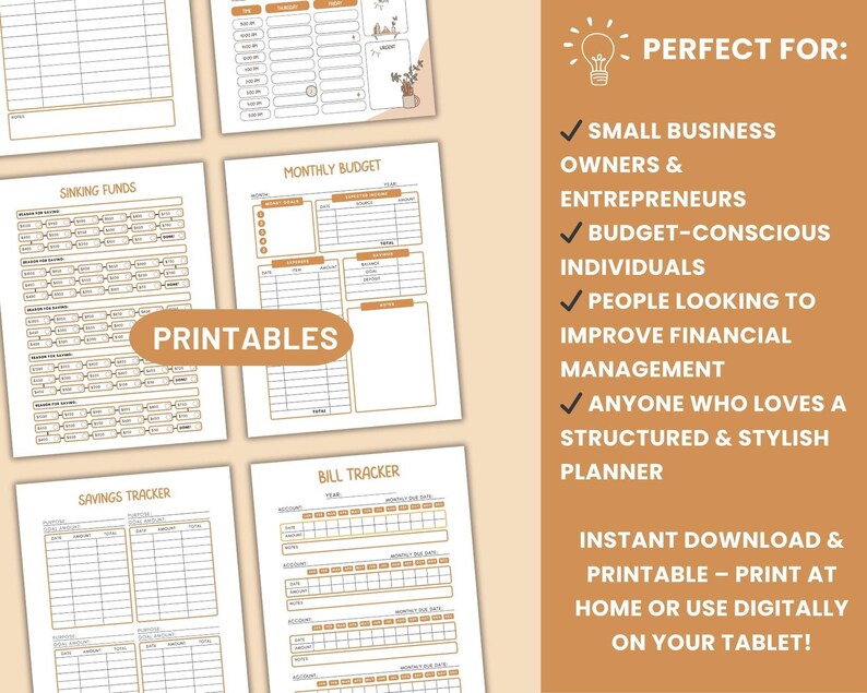 May include: Printable budget planner pages with a brown and white colour scheme. The pages include sections for sinking funds, monthly budget, bill tracker, and savings tracker.