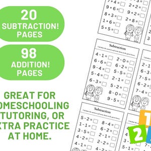 Op de afbeelding: Een groen en wit printbaar werkblad met de tekst "20 Aftrekken! Pagina's" en "98 Optellen! Pagina's". Het werkblad is ontworpen voor thuisonderwijs, bijles of extra oefening thuis. Het werkblad bevat rekenproblemen die kinderen kunnen oplossen.