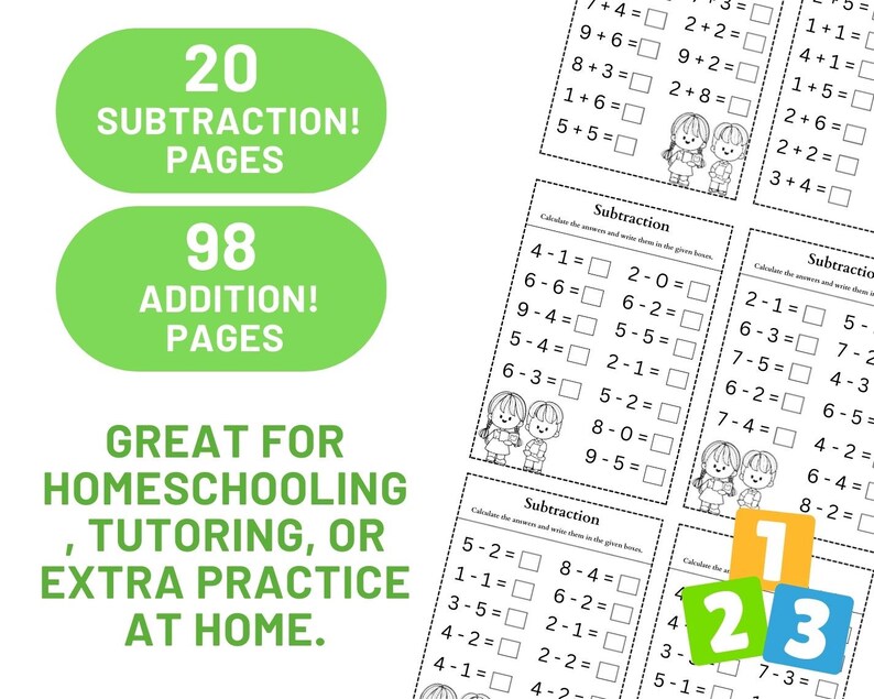 Op de afbeelding: Een groen en wit printbaar werkblad met de tekst "20 Aftrekken! Pagina's" en "98 Optellen! Pagina's". Het werkblad is ontworpen voor thuisonderwijs, bijles of extra oefening thuis. Het werkblad bevat rekenproblemen die kinderen kunnen oplossen.