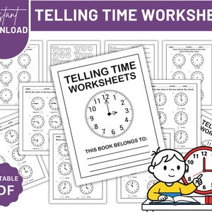 May include: A collection of printable telling time worksheets featuring black and white clock diagrams, blank spaces for writing the time, and a cartoon illustration of a child pointing at a red clock with the text Telling Time Worksheets.
