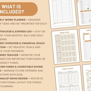 May include: A printable budget planner with a minimalist boho design. It includes sections for weekly work planning, bill tracking, expense logging, budget overview, financial goals, savings tracking, sinking funds, and charitable giving.