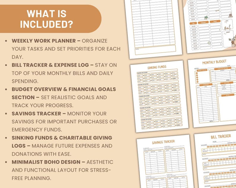 May include: A printable budget planner with a minimalist boho design. It includes sections for weekly work planning, bill tracking, expense logging, budget overview, financial goals, savings tracking, sinking funds, and charitable giving.