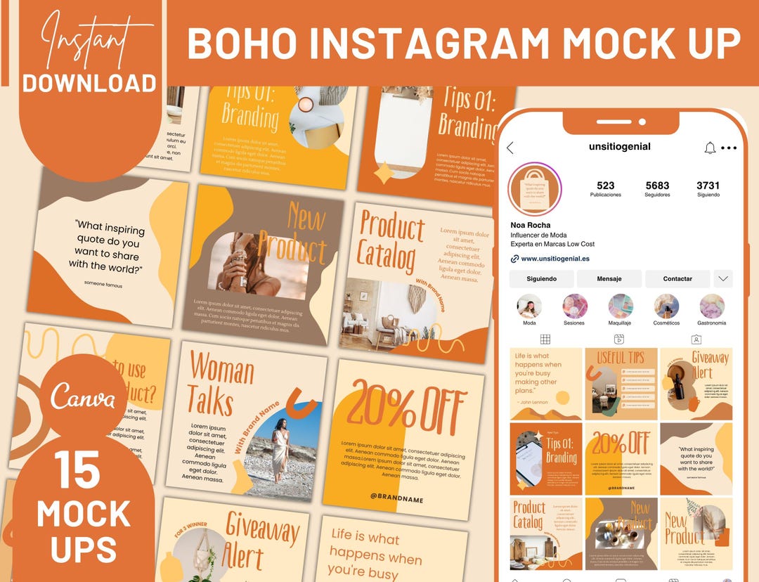 Boho Instagram Post Templates | Canva Mockups, Social Media Bundle ...