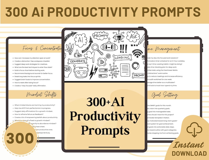 300+ AI Productivity Prompts Bundle | ChatGPT Prompts | Midjourney | Digital Download | PDF | Work From Home Tools | AI Tools for Business image 1