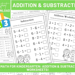 Op de afbeelding: Zwart-witte printbare werkbladen voor kleuters met optel- en aftrekproblemen. De werkbladen hebben een titel die "Addition Worksheet" luidt en bevatten een reeks wiskundige problemen die leerlingen moeten oplossen. De werkbladen hebben ook een titel die "Subtraction" luidt en bevatten een reeks wiskundige problemen die leerlingen moeten oplossen.