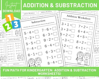 May include: Black and white printable worksheet for kindergarten students featuring addition and subtraction problems. The worksheet has a title that reads "Addition Worksheet" and includes a set of math problems for students to solve. The worksheet also includes a title that reads "Subtraction" and includes a set of math problems for students to solve.