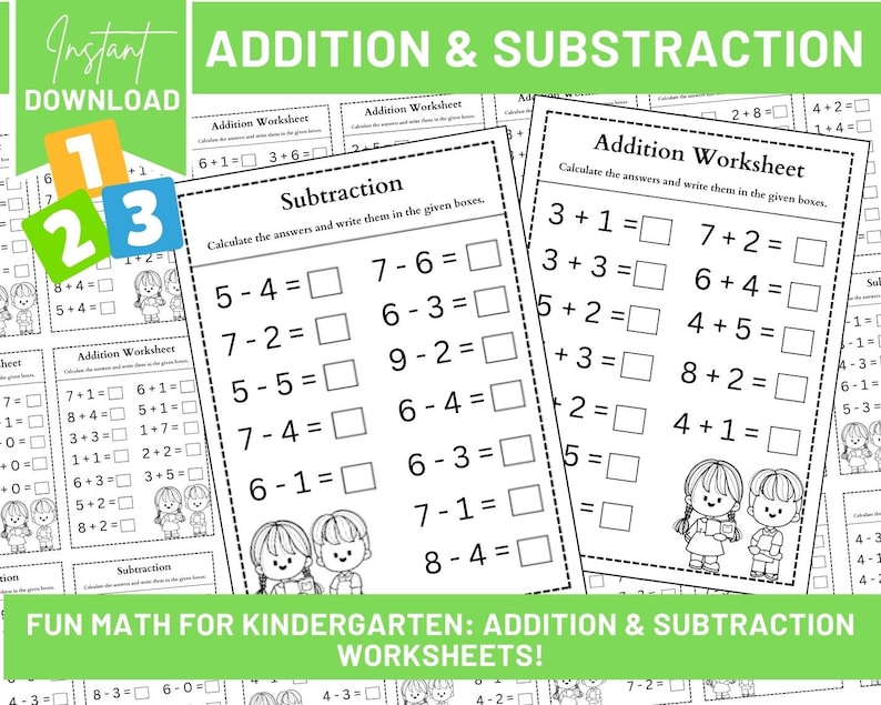 Op de afbeelding: Zwart-witte printbare werkbladen voor kleuters met optel- en aftrekproblemen. De werkbladen hebben een titel die "Addition Worksheet" luidt en bevatten een reeks wiskundige problemen die leerlingen moeten oplossen. De werkbladen hebben ook een titel die "Subtraction" luidt en bevatten een reeks wiskundige problemen die leerlingen moeten oplossen.