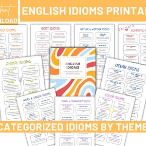 May include: Printable set of English idiom flashcards categorized by theme. The cards feature colorful backgrounds and black and white illustrations. The themes include food, body, nature, romantic, animal, ocean, work, travel, and color.