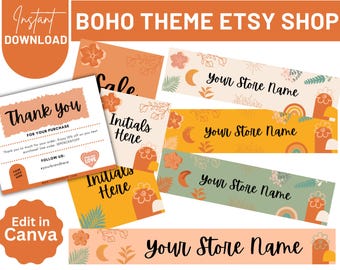 Boho Etsy Shop Branding Kit | Banners, Icons, Thank You Card (Canva Template)