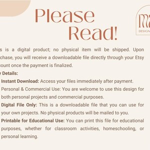 Op de afbeelding: Een digitale productbeschrijving met de tekst "Lees alstublieft!" in grote, vetgedrukte letters. De tekst legt uit dat het product een digitale download is en bevat details over direct downloaden, persoonlijk en commercieel gebruik, en printbaar voor educatief gebruik.