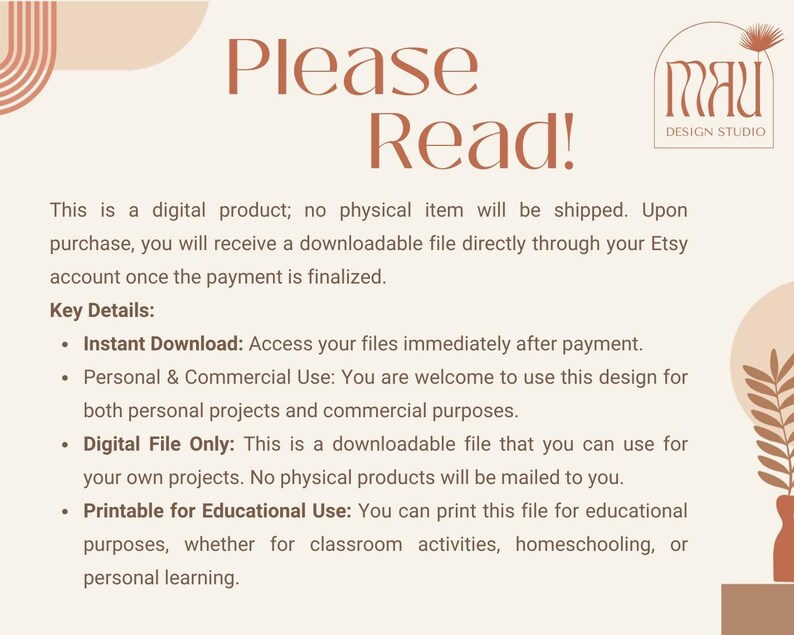 Op de afbeelding: Een digitale productbeschrijving met de tekst "Lees alstublieft!" in grote, vetgedrukte letters. De tekst legt uit dat het product een digitale download is en bevat details over direct downloaden, persoonlijk en commercieel gebruik, en printbaar voor educatief gebruik.