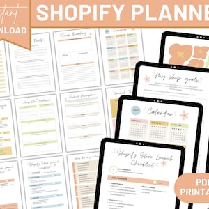 May include: A printable PDF planner for Shopify store owners. The planner includes sections for shop branding, competitor analysis, product descriptions, a calendar, a day-by-day launch plan, and a Shopify store launch checklist. The planner is decorated with floral illustrations in shades of peach, yellow, and green.