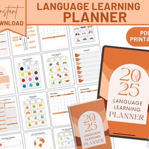 May include: A 2025 language learning planner digital set featuring a tablet displaying the cover, a physical notebook, and multiple printable pages with sections for colors, fruits, emotions, weather, and weekly check-ins in orange and white.