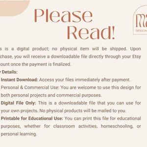 May include: A digital product description with the text "Please Read!" in a large font. The text explains that the product is a digital download and includes details about instant download, personal and commercial use, and printable for educational use.
