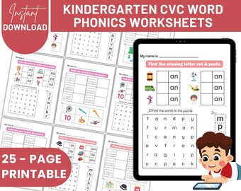 Kindergarten CVC Word Families Phonics Worksheets | Printable Phonics Activities | Homeschool Reading Practice | Digital Download