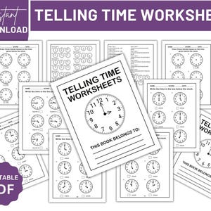 May include: A set of printable telling time worksheets for kids. The worksheets feature analog clocks with hands that can be drawn in to show different times. The worksheets are black and white and have the text "Telling Time Worksheets" at the top.