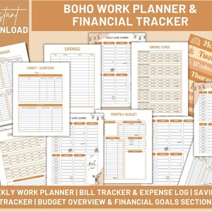 May include: Printable planner pages with a boho theme. The pages include sections for savings, expenses, charity donations, weekly work planning, sinking funds, and a monthly budget. The pages are decorated with a brown and white colour scheme and have a hand-drawn style.