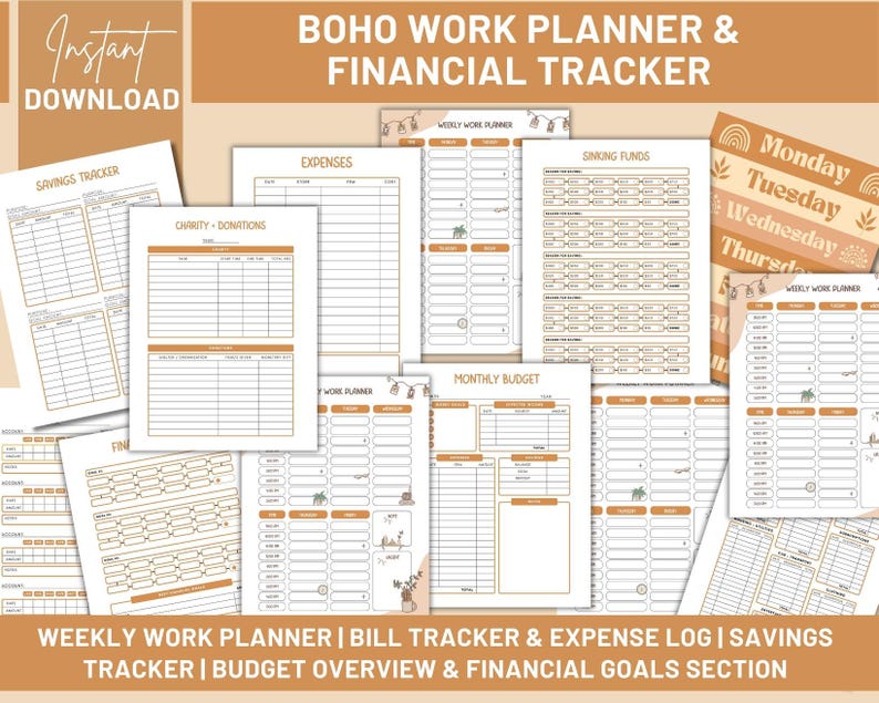 May include: Printable planner pages with a boho theme. The pages include sections for savings, expenses, charity donations, weekly work planning, sinking funds, and a monthly budget. The pages are decorated with a brown and white colour scheme and have a hand-drawn style.