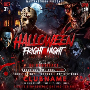 Puede incluir: Un folleto de fiesta de disfraces Halloween Fright Night con personajes de terror que incluyen una máscara de hockey, una cara con cicatrices y un payaso. El texto incluye WAVYFXSTUDIO PRESENTS, OCT 31ST, 9PM-2AM, MUSIC BY DJ GHOSTFACE, BEST COSTUME WINS y CLUBNAME.