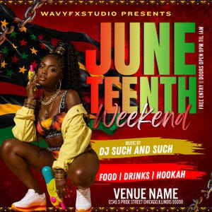 Puede incluir: Un cartel promocional para un evento del fin de semana de Juneteenth. El cartel presenta a una mujer con una chaqueta y traje de baño amarillos, sosteniendo una pistola de agua. El texto incluye "JuneTeenth Weekend", "Food | Drinks | Hookah" e información del lugar.