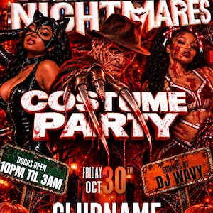 Puede incluir: Un folleto promocional titulado SCREAMS & NIGHTMARES COSTUME PARTY con una figura central con un guante de garras, flanqueada por dos personas disfrazadas. El texto incluye WAVYFXSTUDIO PRESENTS, FRIDAY OCT 30TH, DOORS OPEN 10PM TIL 3AM, DJ WAVY y CLUBNAME.