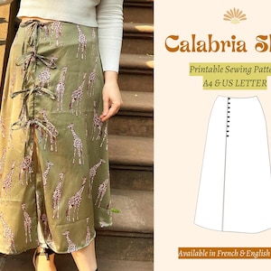 Puede incluir: Un patrón de costura imprimible para una falda larga con un diseño de envoltura y una abertura frontal. El patrón está disponible en tamaños A4 y US Letter e incluye instrucciones en francés e inglés.