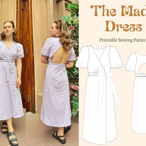 May include: A woman wearing a purple and white gingham wrap dress with a keyhole back. The dress has puff sleeves and a tie at the waist. The image also includes a line drawing of the dress in white.