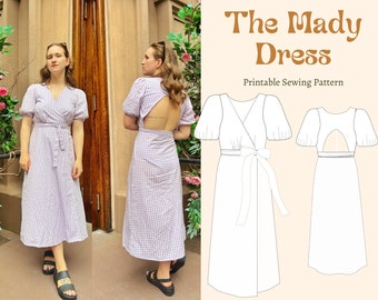 Wrap dress Mady | Open back | Puffy Sleeves | Easy to sew | Printable sewing pattern/PDF/Digital | Sizes 6 -22 | Automatic download