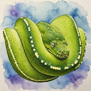 May include: A green tree python coiled up in a watercolor painting. The snake has a light green body with darker green markings and a white stripe along its back.