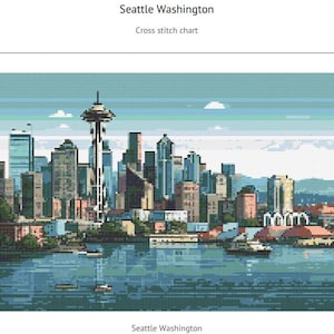 May include: A cross stitch pattern of the Seattle skyline, featuring the Space Needle, skyscrapers, and a waterfront with boats. The pattern is in a pixelated style, with a blue and green color scheme.