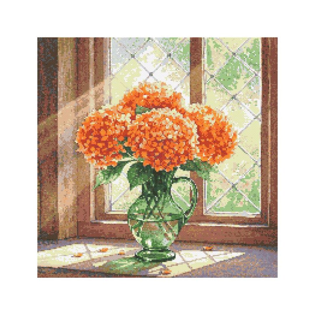 Orange Hydrangeas in Sunbeam Watercolor Cross Stitch Pattern