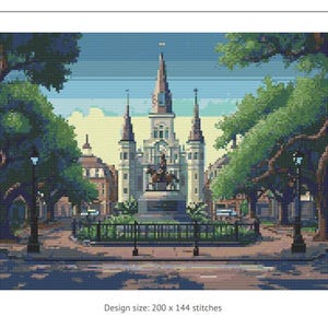 Puede incluir: Patrón de punto de cruz de una plaza de la ciudad con una catedral, árboles y una estatua. El tamaño del diseño es de 200 x 144 puntadas. La catedral es blanca con una alta aguja. Los árboles son verdes y el cielo es azul.